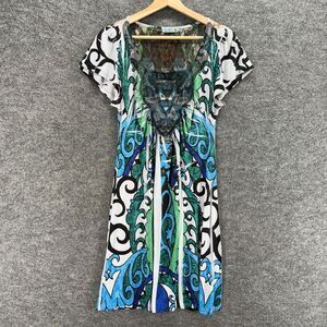 Unity Dress Women M Medium Blue Geometric Sheath Midi V-Neck Short Sleeve Casual